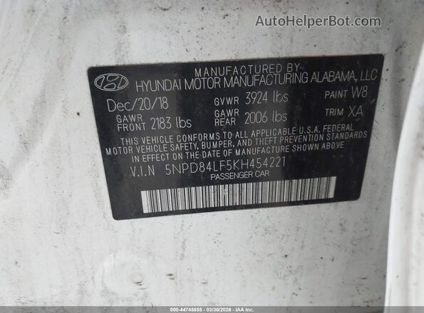 5NPD84LF5KH454221 2019 HYUNDAI ELANTRA White ძრავის განყოფილების ხედი