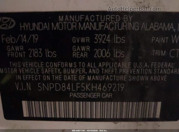 5NPD84LF5KH469219 2019 HYUNDAI ELANTRA White ძრავის განყოფილების ხედი
