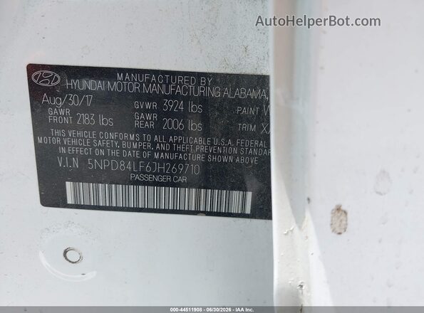 5NPD84LF6JH269710 2018 HYUNDAI ELANTRA White Vista del compartimento del motor