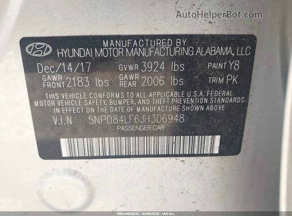 5NPD84LF6JH306948 2018 HYUNDAI ELANTRA Gray Vista del compartimento del motor