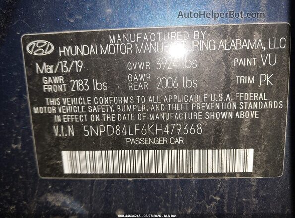 5NPD84LF6KH479368 2019 HYUNDAI ELANTRA Blue Vista del compartimento del motor