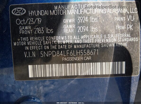 5NPD84LF6LH558671 2020 HYUNDAI ELANTRA Blue Widok komory silnika
