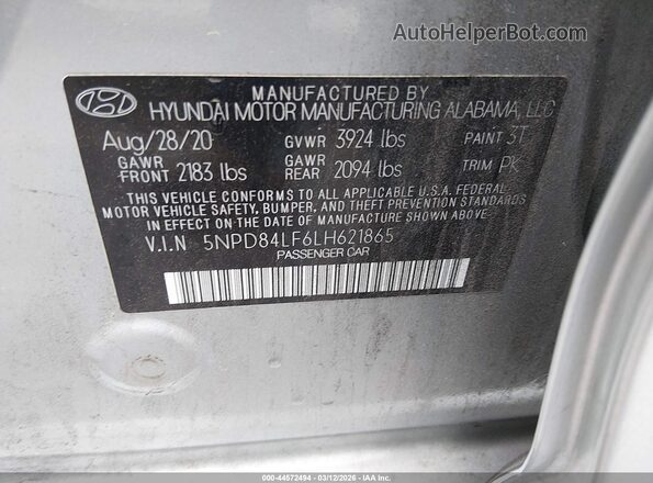 5NPD84LF6LH621865 2020 HYUNDAI ELANTRA Silver Engine compartment view