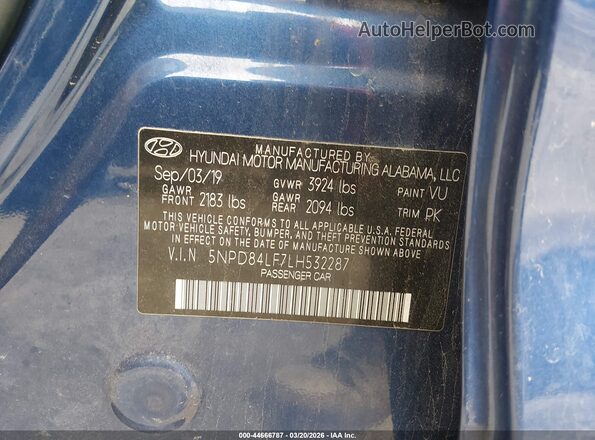 5NPD84LF7LH532287 2020 HYUNDAI ELANTRA Blue ძრავის განყოფილების ხედი