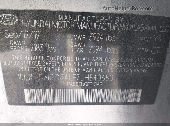 5NPD84LF7LH540650 2020 HYUNDAI ELANTRA Silver Շարժիչի բաժամունքի տեսք