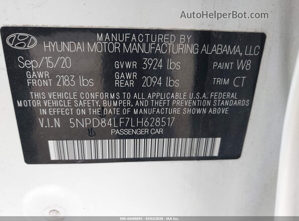 5NPD84LF7LH628517 2020 HYUNDAI ELANTRA White Շարժիչի բաժամունքի տեսք