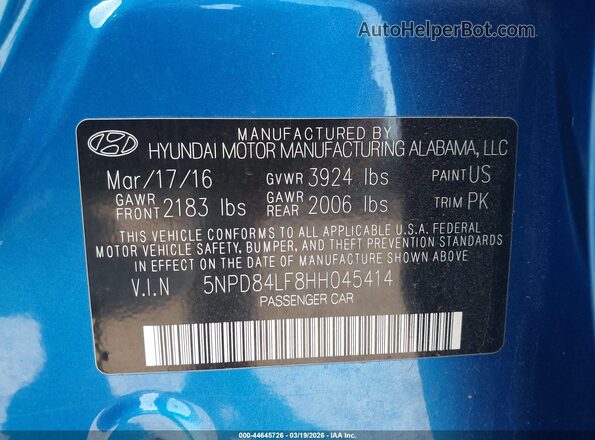 5NPD84LF8HH045414 2017 HYUNDAI ELANTRA Blue 