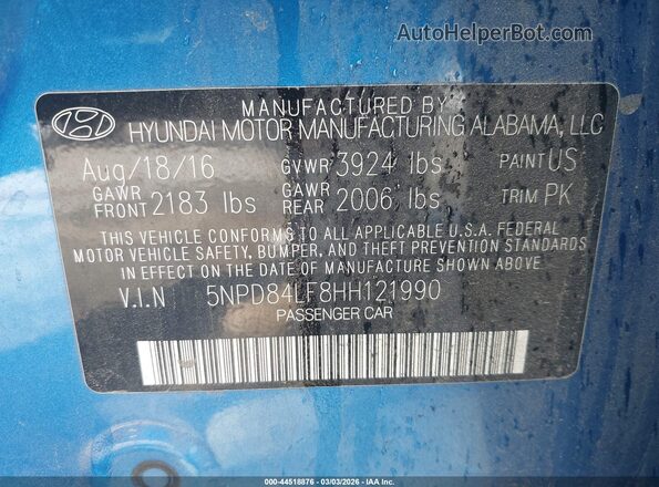 5NPD84LF8HH121990 2017 HYUNDAI ELANTRA Blue ძრავის განყოფილების ხედი