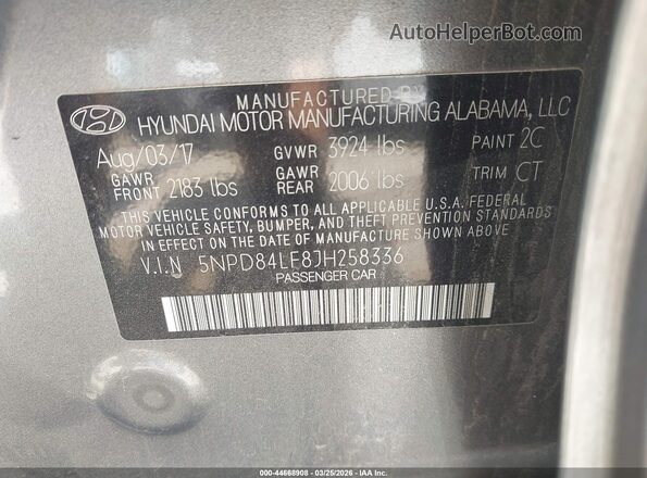 5NPD84LF8JH258336 2018 HYUNDAI ELANTRA Gray 