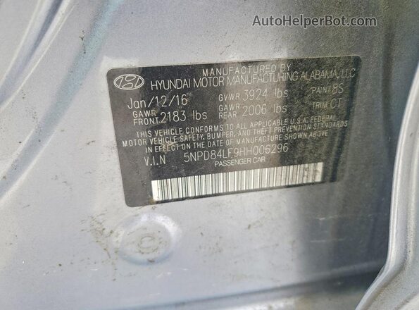 5NPD84LF9HH006296 2017 HYUNDAI ELANTRA Silver Engine compartment view