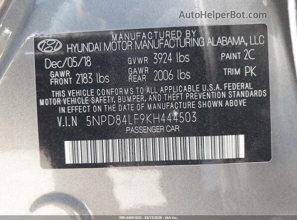 5NPD84LF9KH444503 2019 HYUNDAI ELANTRA Gray Widok komory silnika