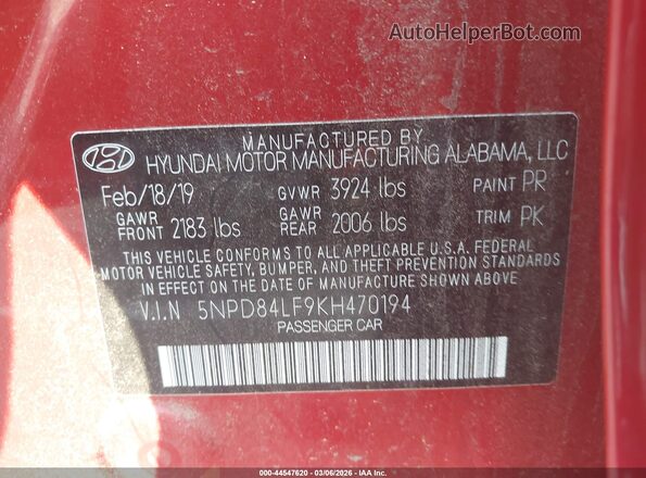 5NPD84LF9KH470194 2019 HYUNDAI ELANTRA Red ძრავის განყოფილების ხედი