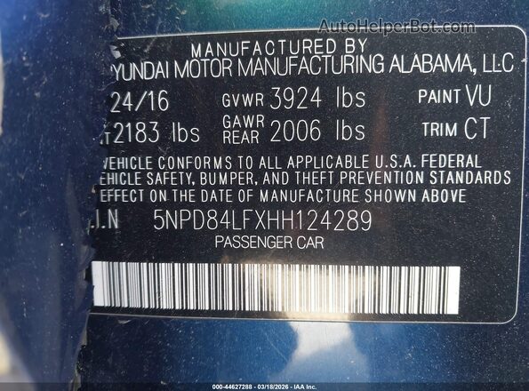 5NPD84LFXHH124289 2017 HYUNDAI ELANTRA Blue Vista del compartimento del motor
