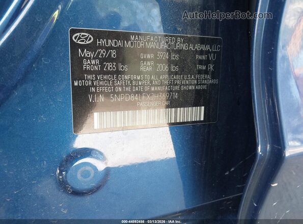 5NPD84LFXJH369714 2018 HYUNDAI ELANTRA Blue Շարժիչի բաժամունքի տեսք