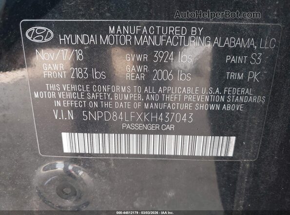 5NPD84LFXKH437043 2019 HYUNDAI ELANTRA Black 