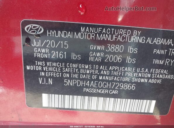 5NPDH4AE0GH729866 2016 HYUNDAI ELANTRA Red Vista del compartimento del motor