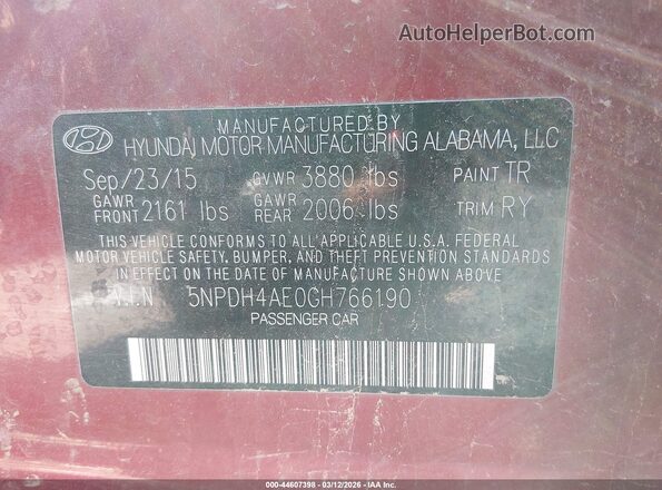 5NPDH4AE0GH766190 2016 HYUNDAI ELANTRA Red Vista del compartimento del motor