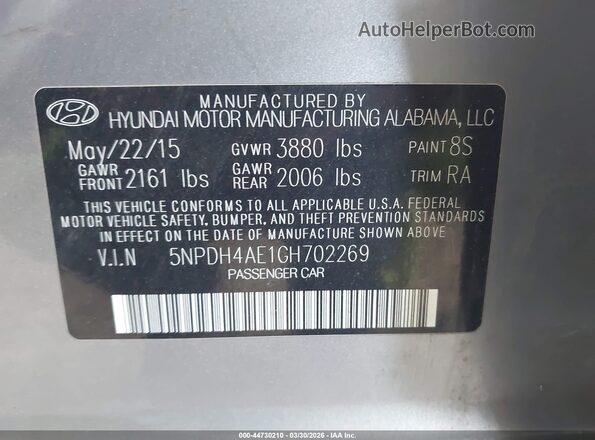 5NPDH4AE1GH702269 2016 HYUNDAI ELANTRA Silver Vista del compartimento del motor