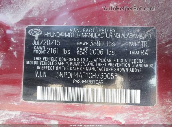 5NPDH4AE1GH730055 2016 HYUNDAI ELANTRA Maroon Вид підкапотного простору