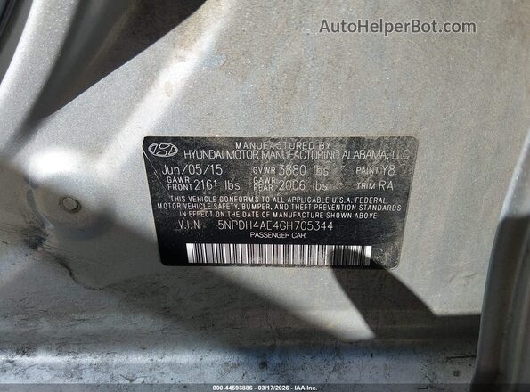 5NPDH4AE4GH705344 2016 HYUNDAI ELANTRA Silver Vista del compartimento del motor