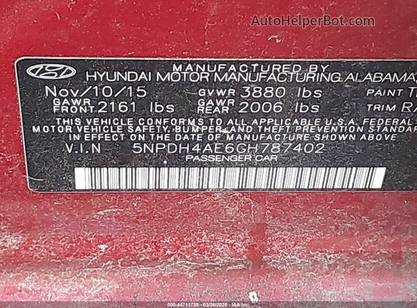 5NPDH4AE6GH787402 2016 HYUNDAI ELANTRA Red Вид підкапотного простору