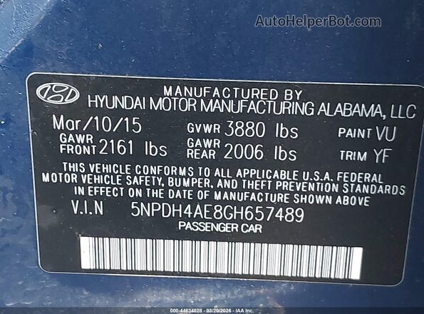 5NPDH4AE8GH657489 2016 HYUNDAI ELANTRA Blue Вид підкапотного простору