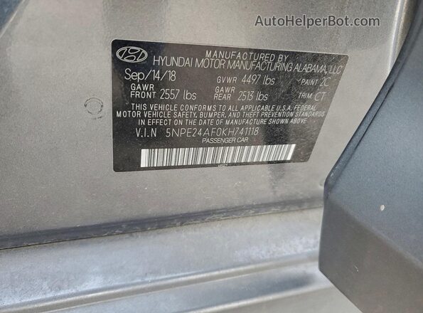 5NPE24AF0KH741118 2019 HYUNDAI SONATA Серый 