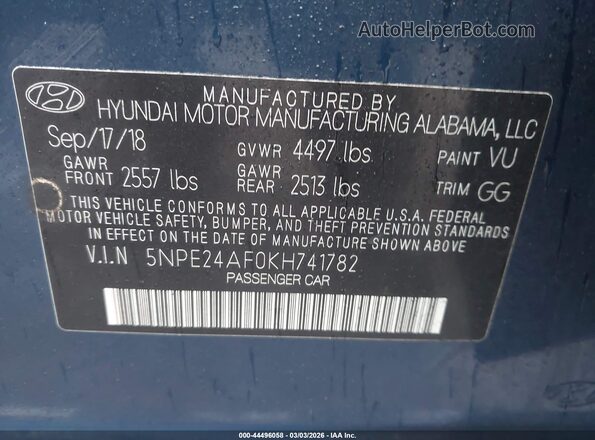 5NPE24AF0KH741782 2019 HYUNDAI SONATA Blue 