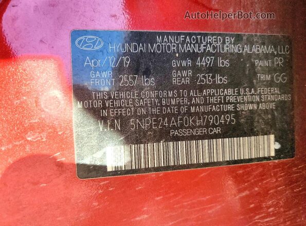 5NPE24AF0KH790495 2019 HYUNDAI SONATA Красный 