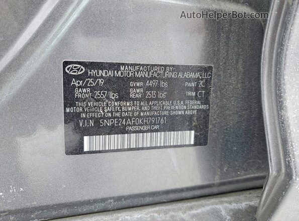 5NPE24AF0KH791761 2019 HYUNDAI SONATA Gray 