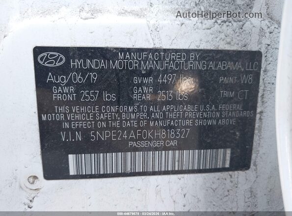 5NPE24AF0KH818327 2019 HYUNDAI SONATA White Widok komory silnika