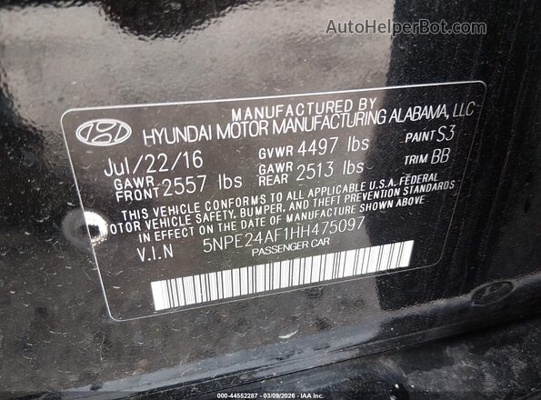 5NPE24AF1HH475097 2017 HYUNDAI SONATA Black 