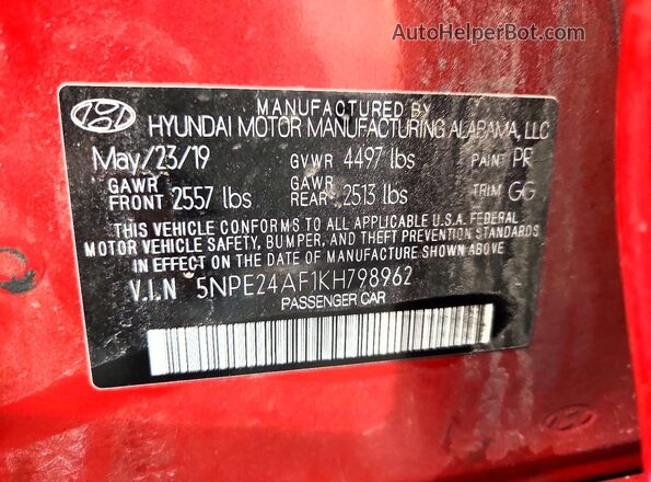 5NPE24AF1KH798962 2019 HYUNDAI SONATA Red 
