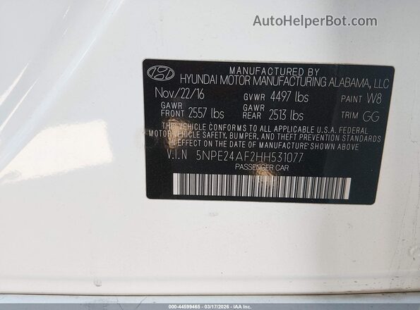 5NPE24AF2HH531077 2017 HYUNDAI SONATA White ძრავის განყოფილების ხედი
