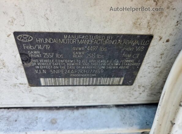 5NPE24AF2KH777859 2019 HYUNDAI SONATA White 