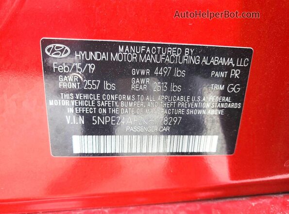 5NPE24AF2KH778297 2019 HYUNDAI SONATA Red 