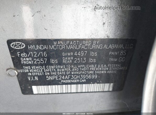 5NPE24AF3GH395699 2016 HYUNDAI SONATA Silver Vista del compartimento del motor