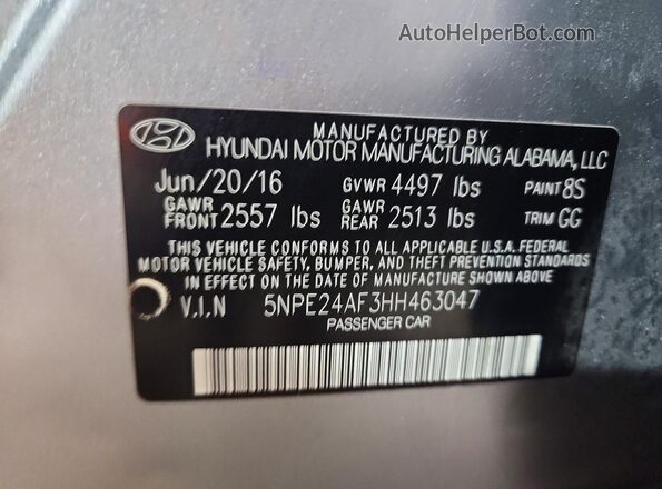 5NPE24AF3HH463047 2017 HYUNDAI SONATA Серый Вид наклейки с VIN-кодом
