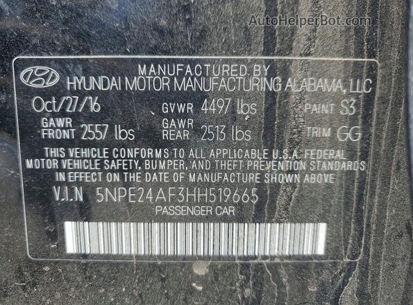 5NPE24AF3HH519665 2017 HYUNDAI SONATA Black Widok komory silnika