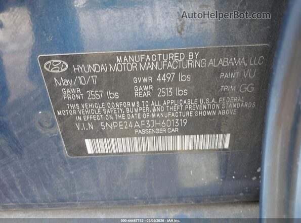 5NPE24AF3JH601319 2018 HYUNDAI SONATA Синий Вид подкапотного пространства