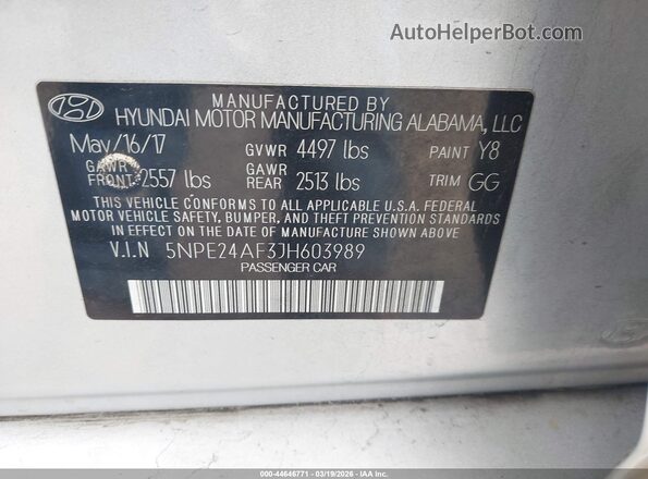 5NPE24AF3JH603989 2018 HYUNDAI SONATA Silver Вид підкапотного простору
