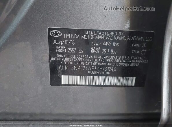5NPE24AF3KH731246 2019 HYUNDAI SONATA Gray Vista del compartimento del motor