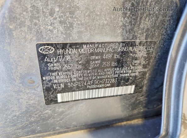 5NPE24AF3KH732283 2019 HYUNDAI SONATA Серый 