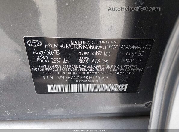 5NPE24AF3KH735569 2019 HYUNDAI SONATA Серый 