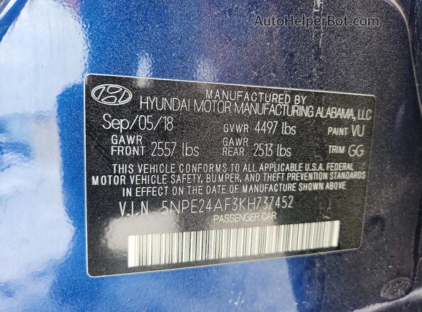 5NPE24AF3KH737452 2019 HYUNDAI SONATA Blue 