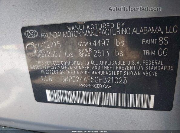 5NPE24AF5GH321023 2016 HYUNDAI SONATA Серебряный 