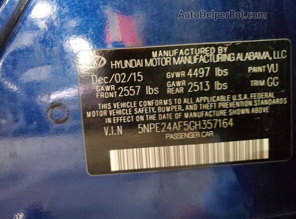 5NPE24AF5GH357164 2016 HYUNDAI SONATA Синий Вид подкапотного пространства