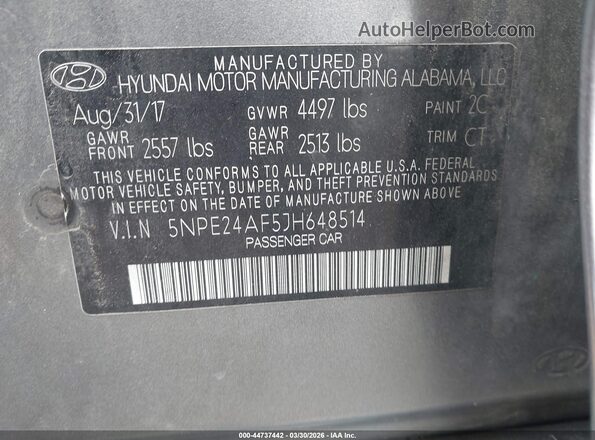 5NPE24AF5JH648514 2018 HYUNDAI SONATA Gray Вид підкапотного простору