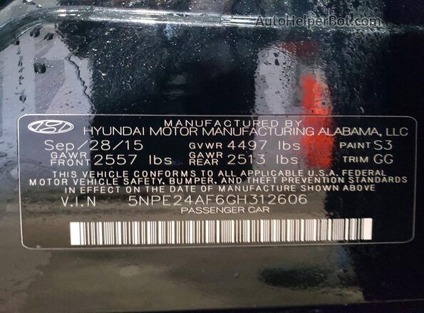 5NPE24AF6GH312606 2016 HYUNDAI SONATA Black Вид підкапотного простору