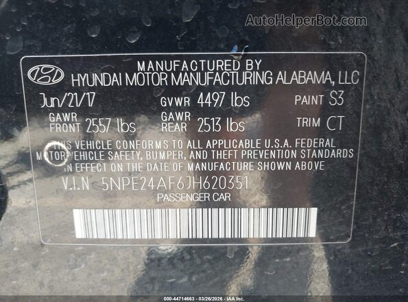 5NPE24AF6JH620351 2018 HYUNDAI SONATA Black ძრავის განყოფილების ხედი